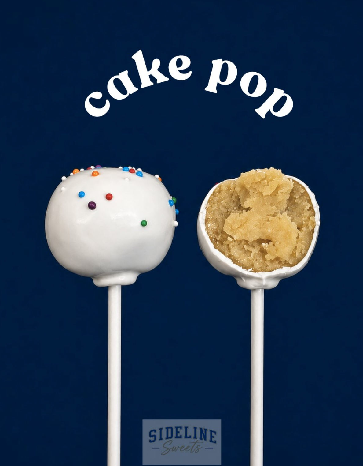 Sideline Sweets cake pops on a navy background
