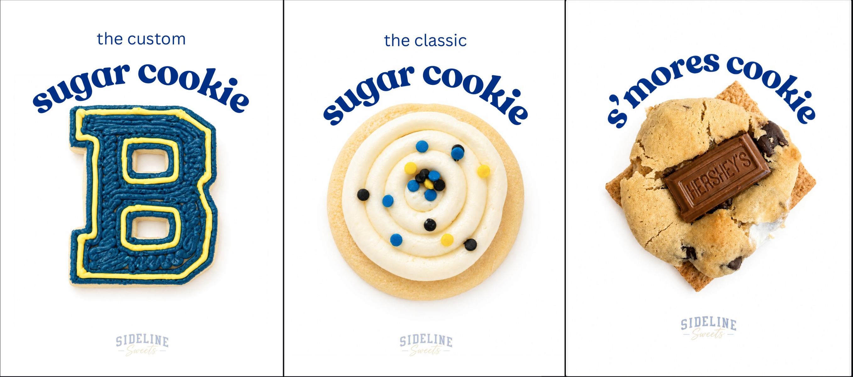 Custom sugar cookie, classic sugar cookie, and s'mores cookie options