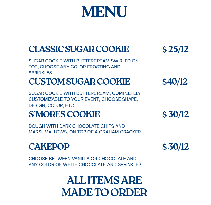 Sideline Sweets menu with pricing by the dozen